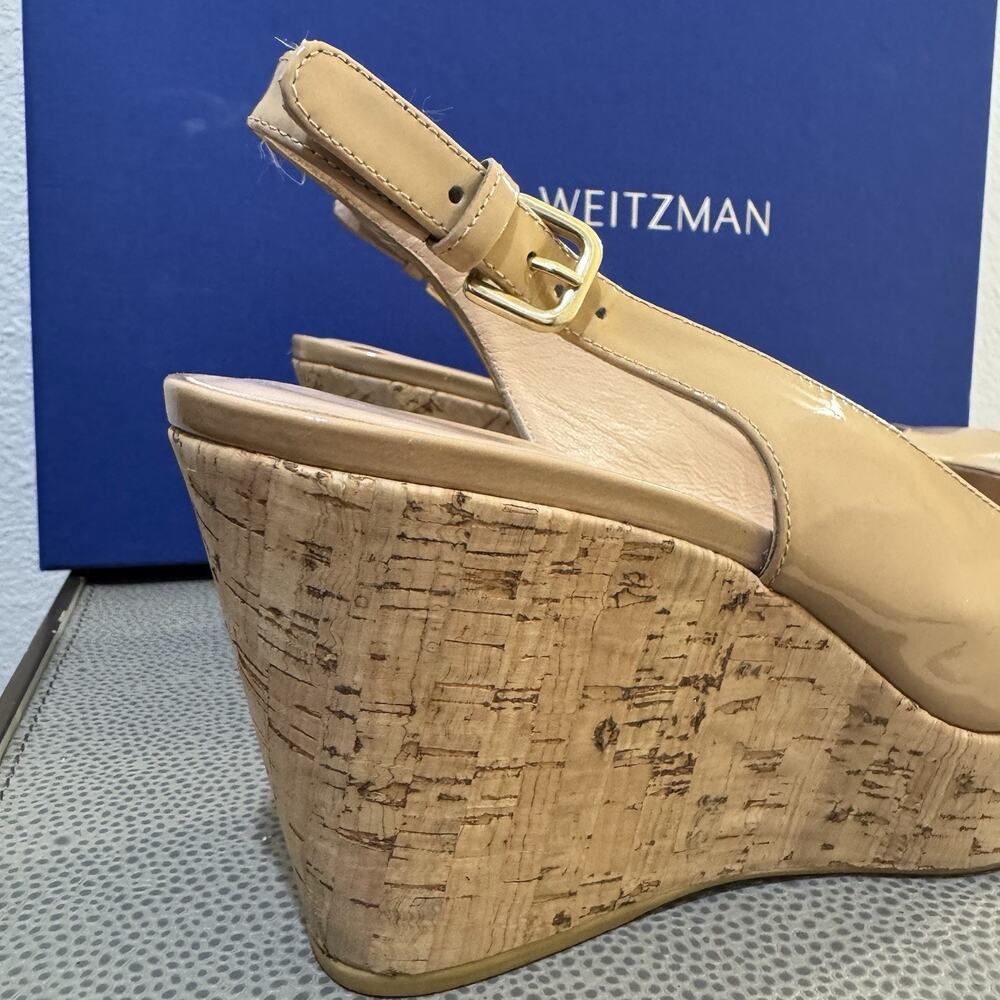 STUART WEITZMAN AUTH $399 Women Beige Patent Leather Jean Wedge Sandals Size 9 M - Picture 3 of 16